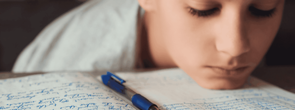 Boy with head down on homework feeling defeated