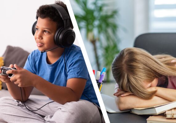 Side by side of child playing video games and child frustrated by schoolwork