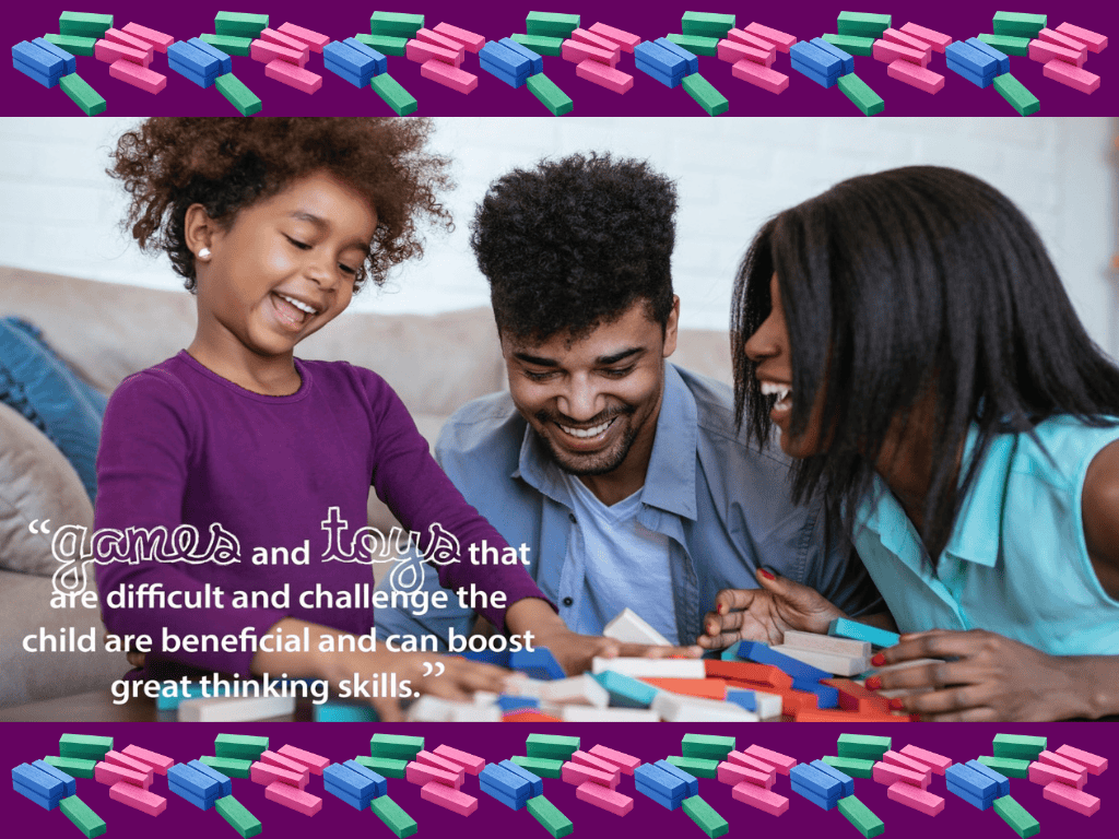 LearningRx Shreveport-Bossier shows a happy family playing with Jenga style blocks. The text states: 